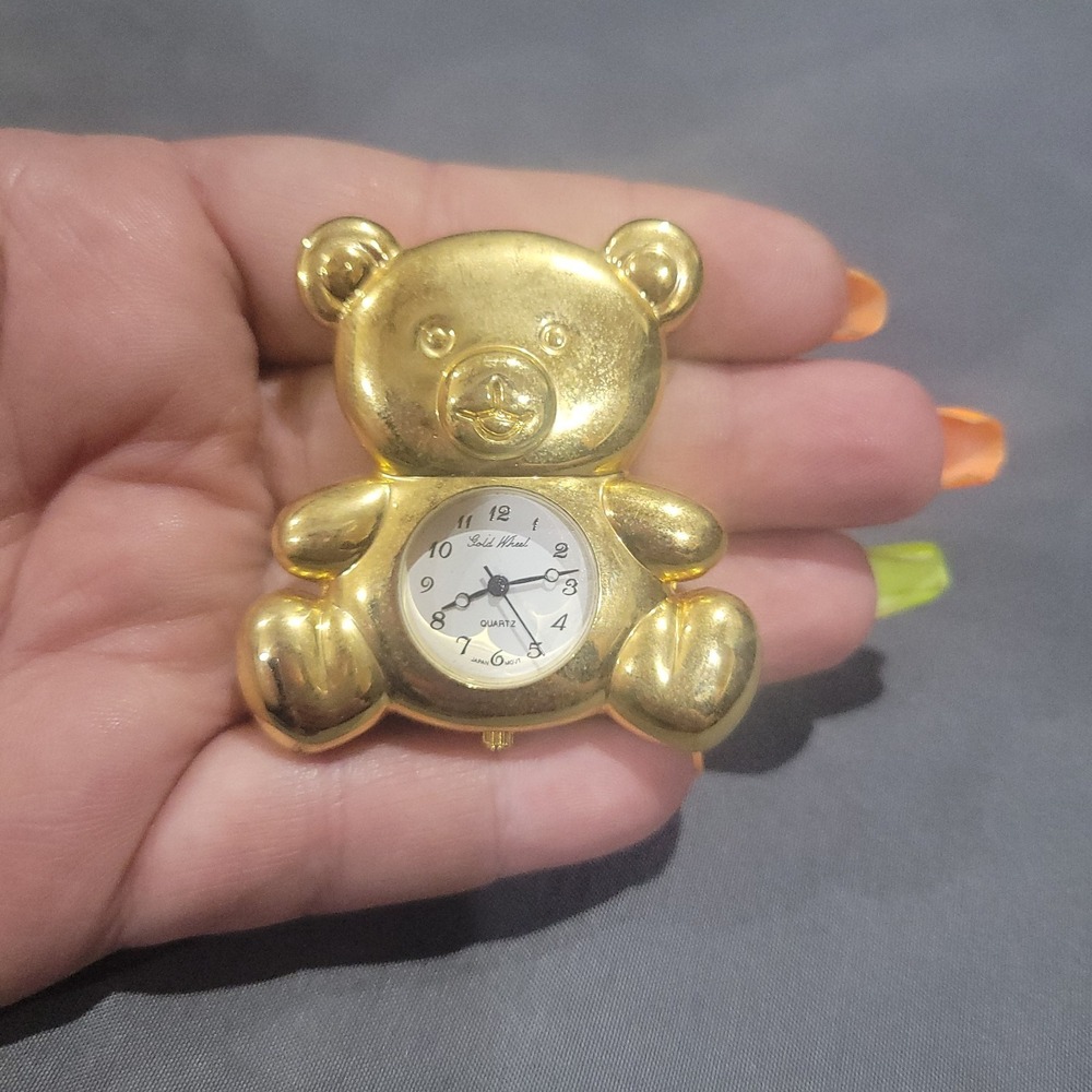 Gold Wheel Teddy Bear Mini Desk Watch Gold Tone Figurine Novelty Click